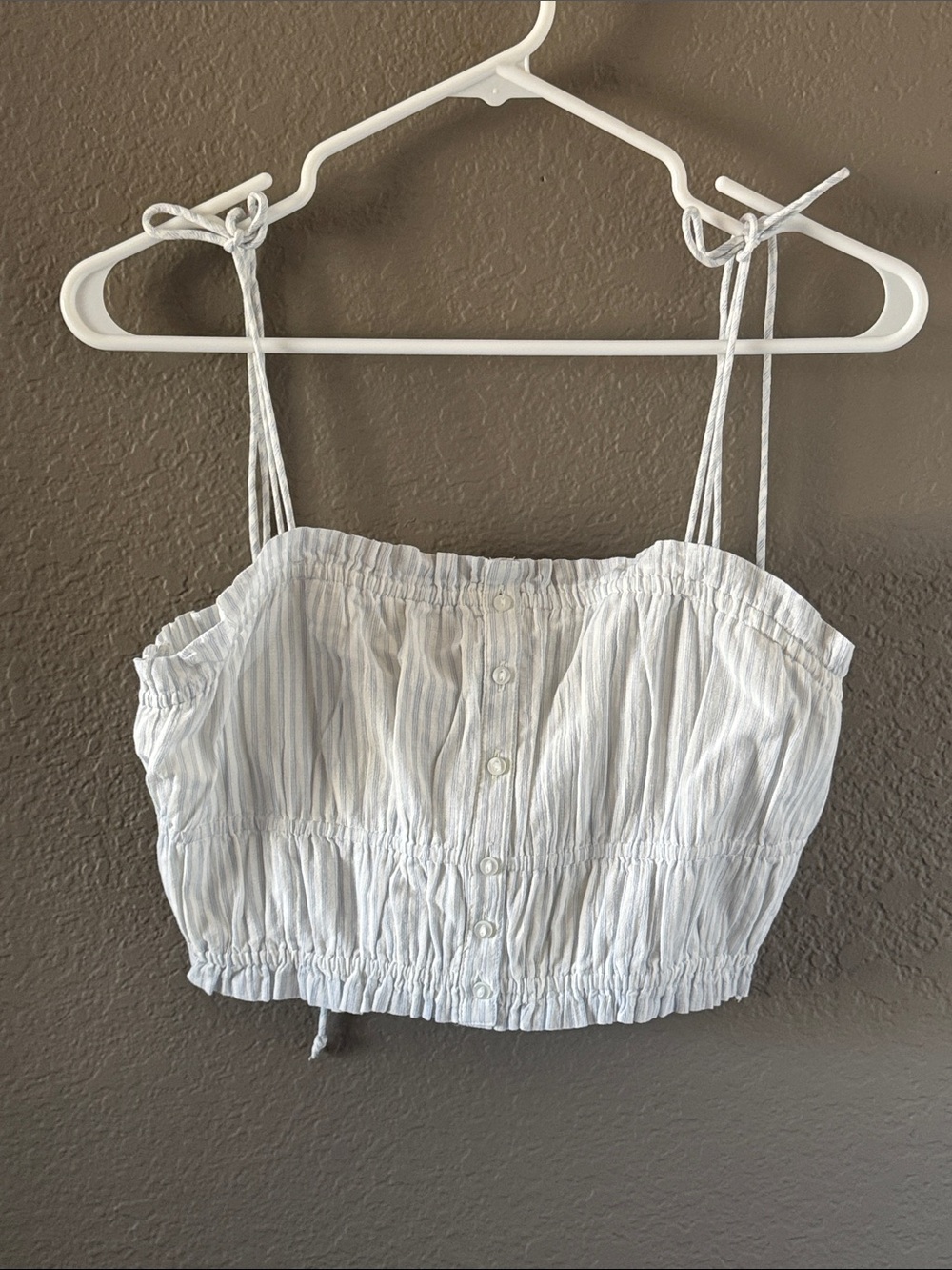 Striped White Button-Front Cropped Tank with Tie Straps